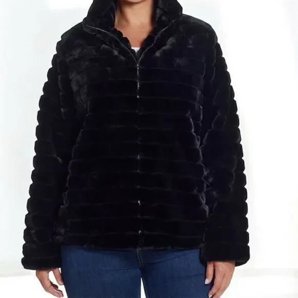 Gallery Women's Hooded Grooved Faux-Fur Jacket Black Size L - Picture 4 of 10